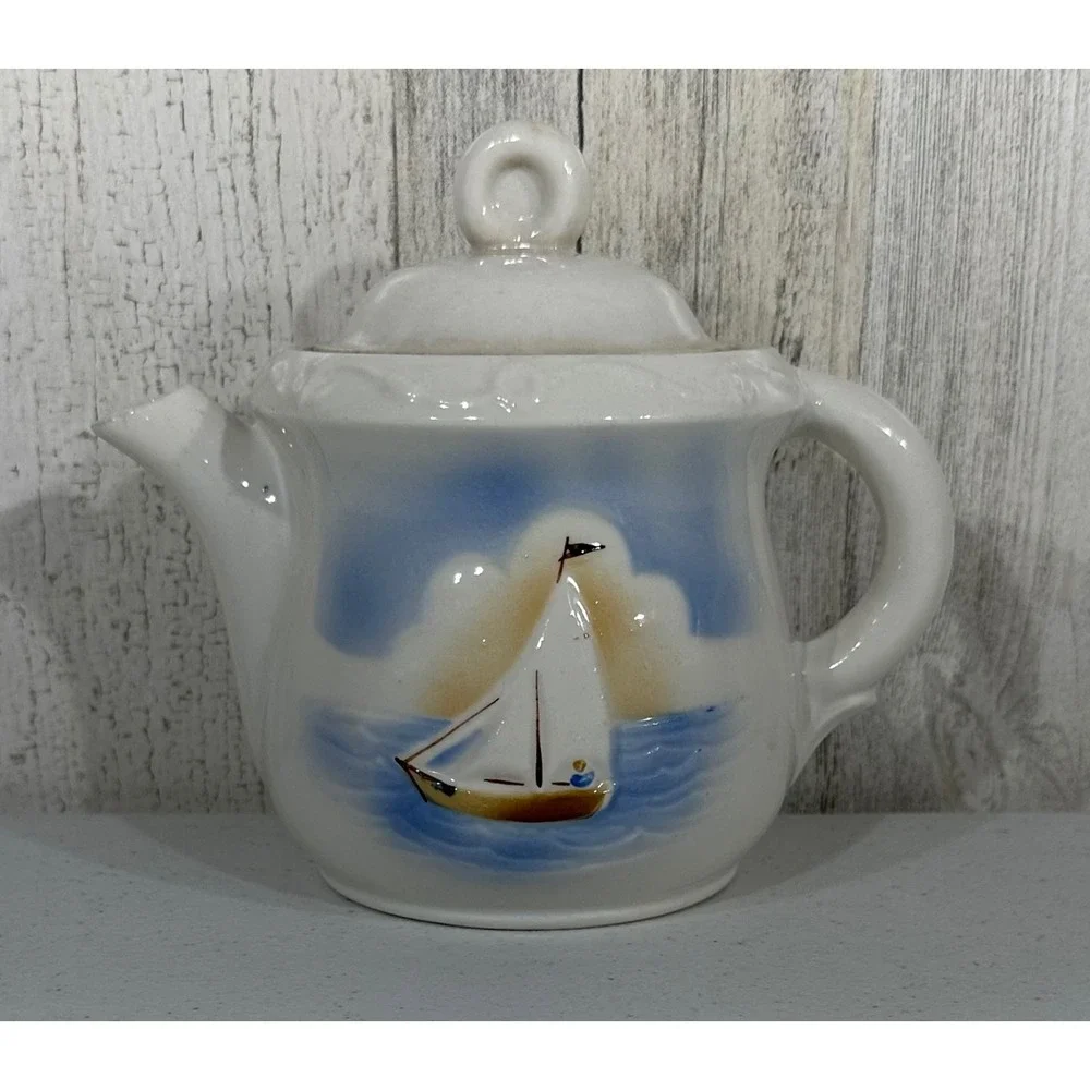 Porcelier‎ Vintage Porcelain Teapot Sailboat Nautical Beach Coastal Made in USA